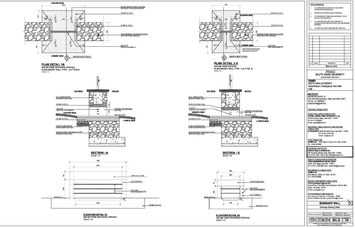 Boundary Wall Drainage Opening Detail Drawing With RCC Dimensions