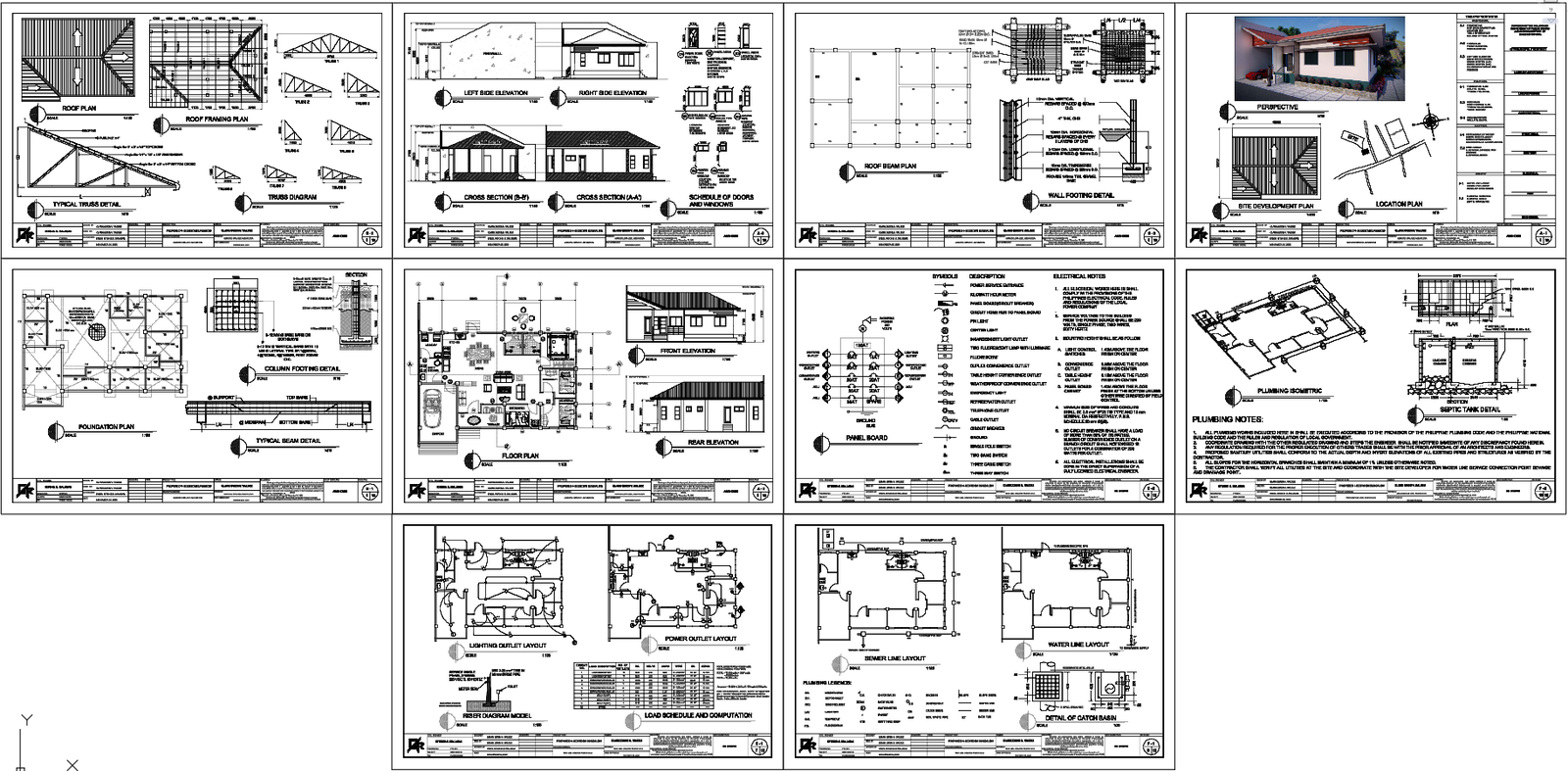 Complete House Elevation Floor Plan Roof Beam and Plumbing DWG Set