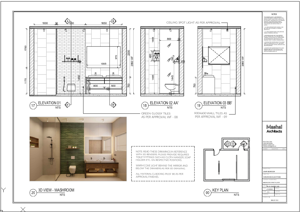Detailed Washroom DWG Showing Elevations Tile Layout and 3D Interior