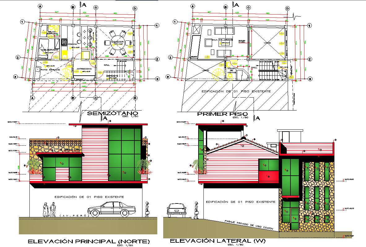 Family House Detail DWG with Column Beam Footing Plans and Sections