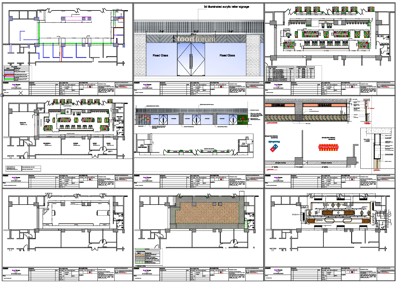 Food Forum Food Court Layout Drawing With Seating And Signage DWG