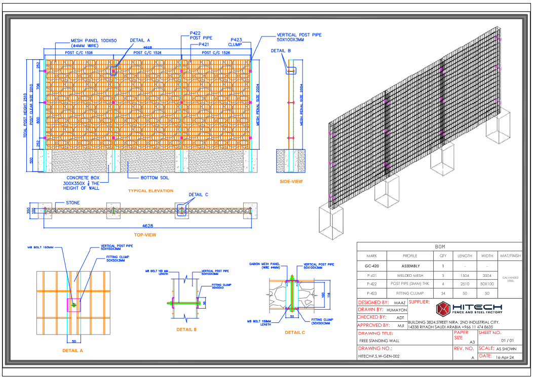 Free Standing Wall Design with Mesh Panel and Post Pipe Layout Details