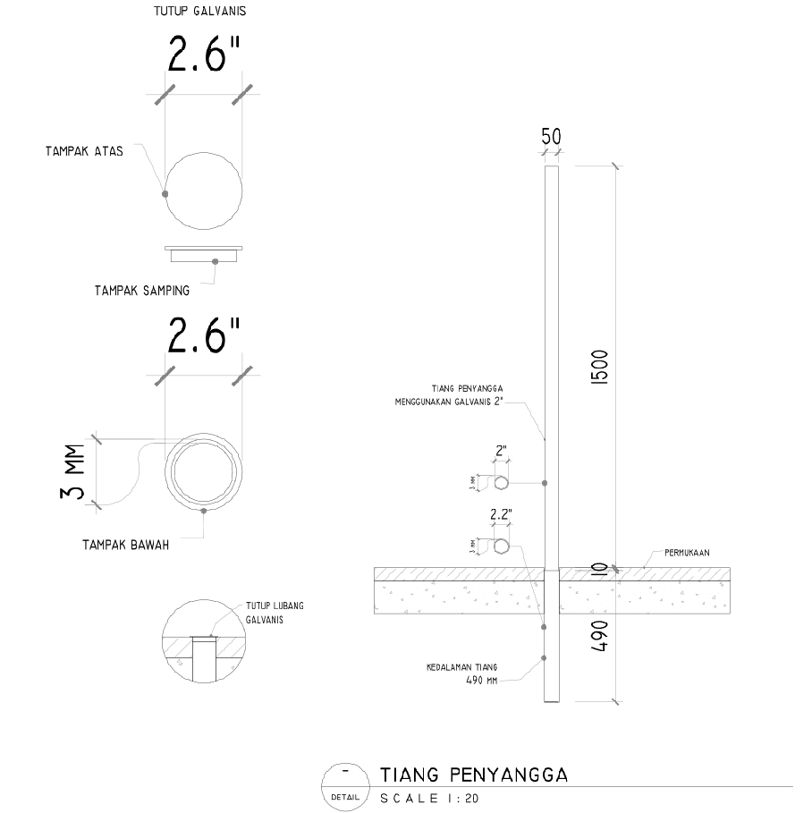 Galvanized Support Pole Detail Drawing With Dimensions AutoCAD
