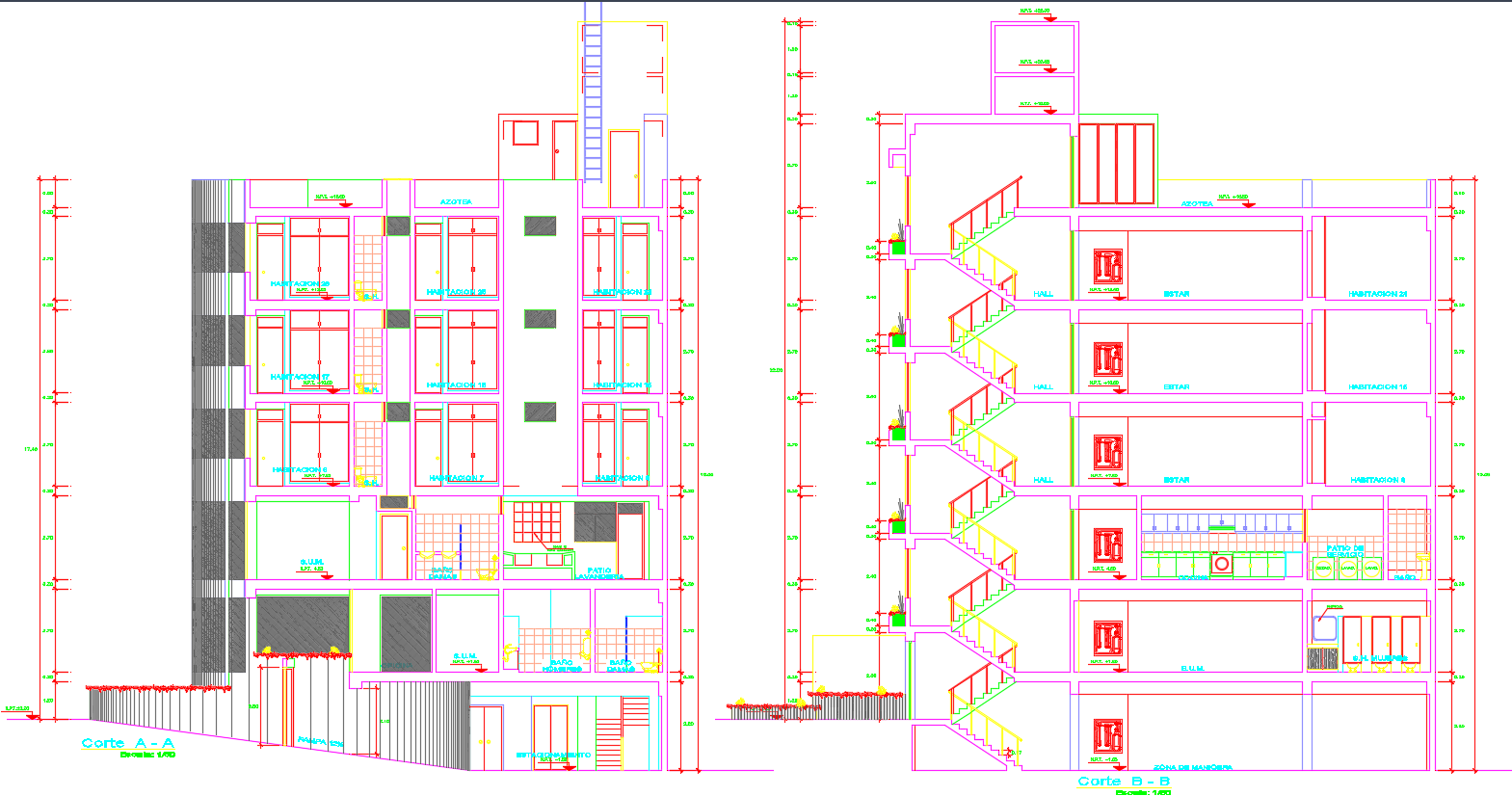 High rise hotel building DWG with plans sections and elevations