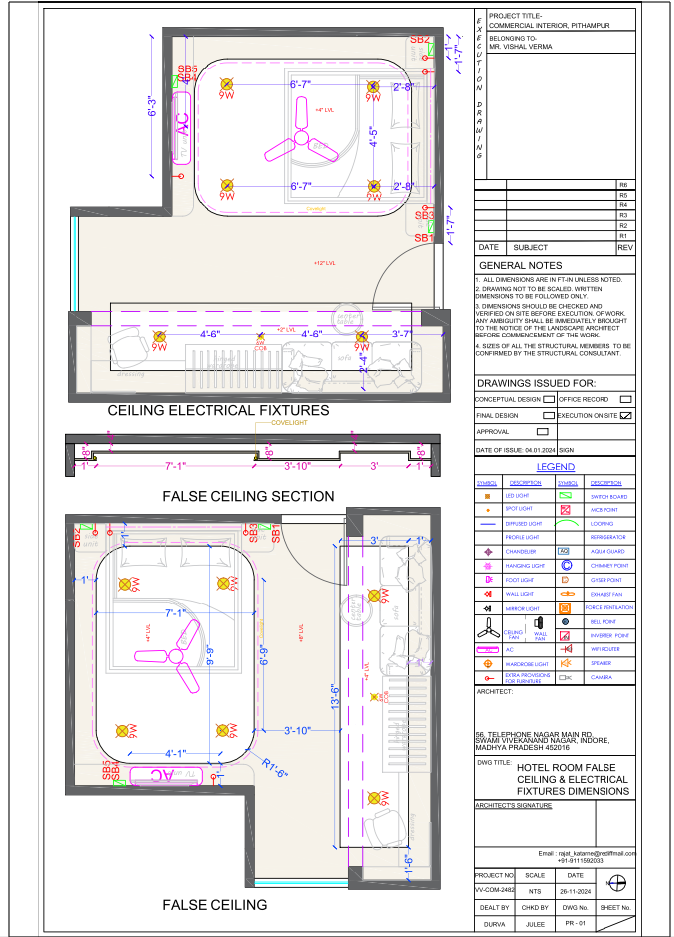 Hotel Room False Ceiling Electrical Layout With 7ft 1in Dimensions