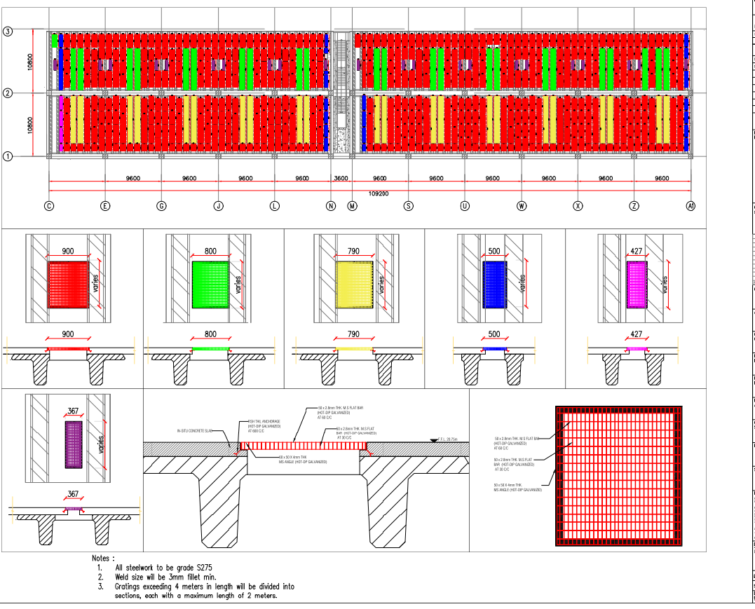 Industrial Steel Grating Layout AutoCAD DWG With 9600 mm Spans