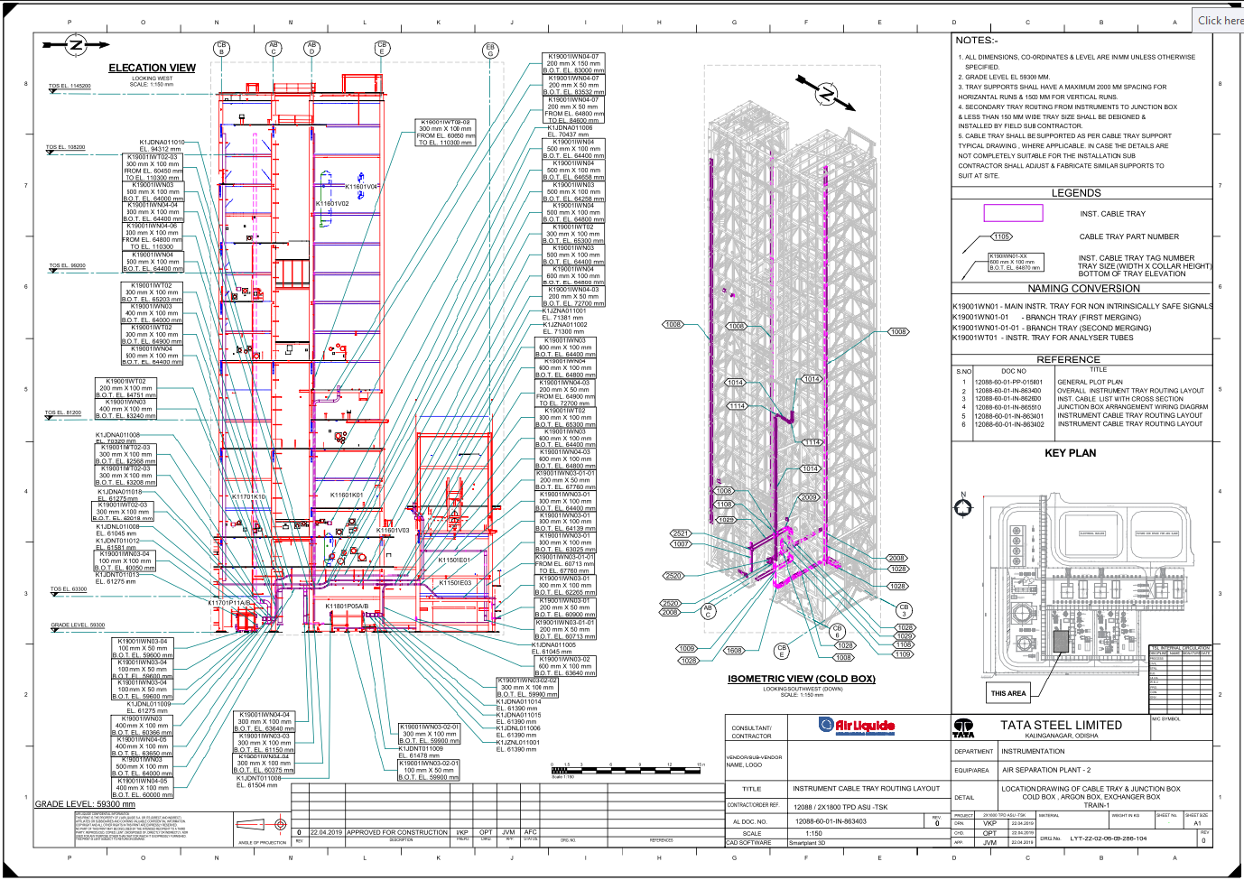 Instrument cable tray routing CAD layout with elevation view