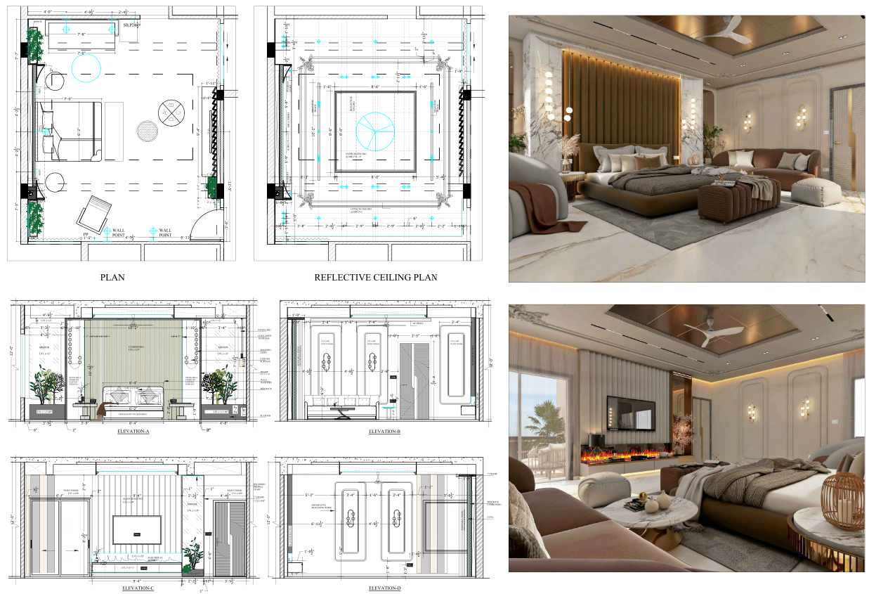 Master Bedroom Interior Drawing With Plan Elevation And Ceiling Layout