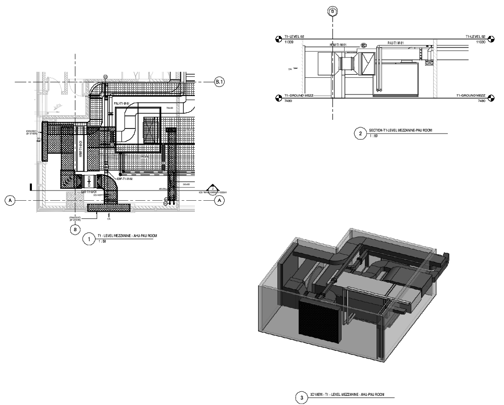 Mezzanine Level AHU PAU Room Layout with Duct Sizes and Sections