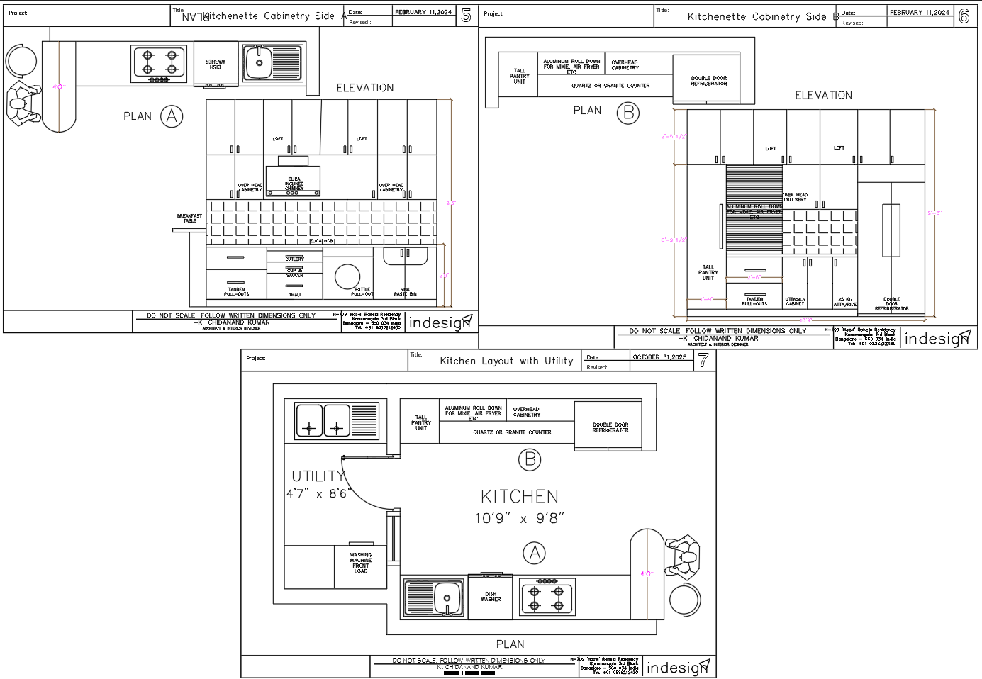 Modular Kitchen CAD Plan with Utility and Cabinet Elevation Details