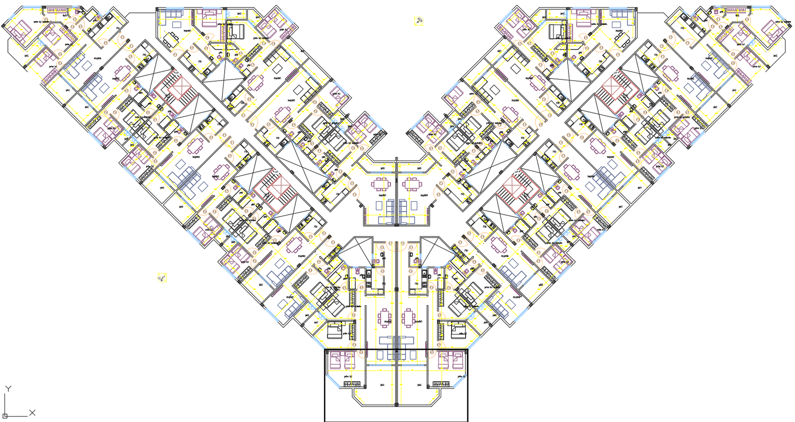Multi-Unit Residential Floor Plan DWG with Room and Measurement Layout