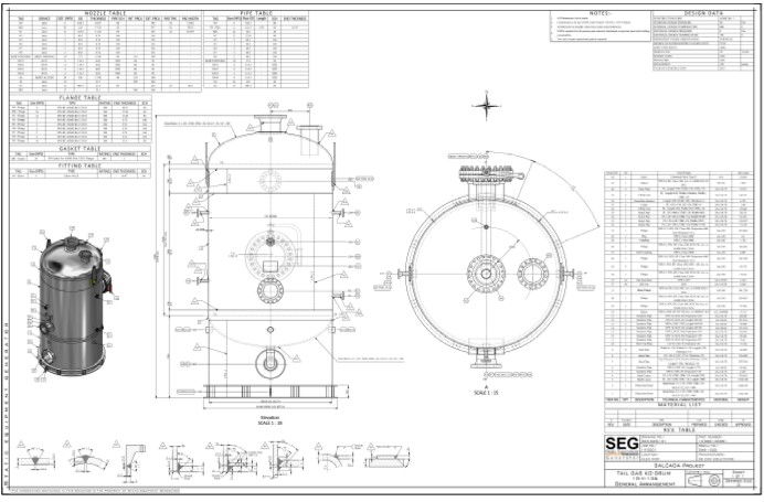 Pressure Vessel Layout with Nozzle Flange Pipe and Elevation Data