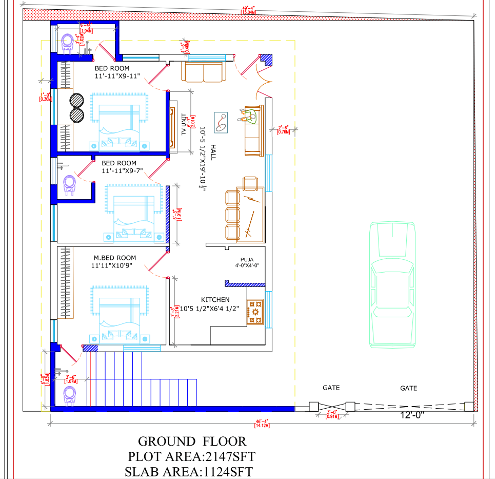 Residential Ground Floor Plan Drawing for 2147 Sqft Plot Area House