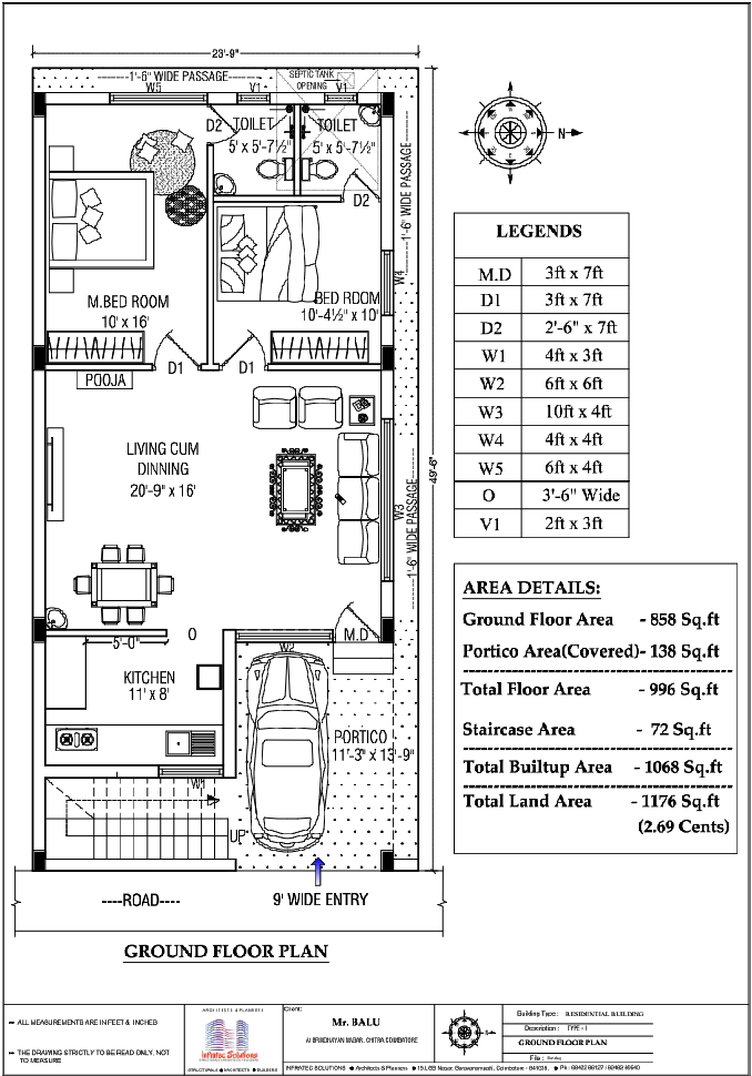 Residential Ground Floor Plan DWG with 858 Sqft Layout Details