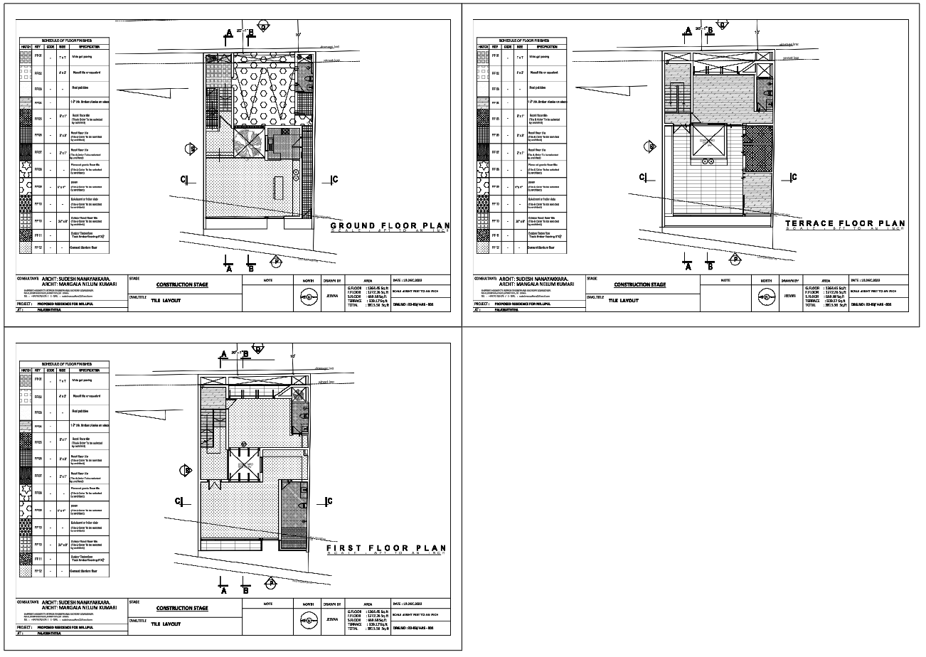 Residential Tile Layout Drawing With Ground First Terrace Floor Plans
