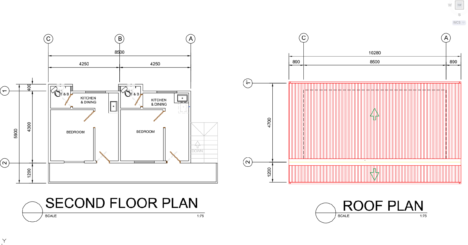 Second Floor And Roof Plan AutoCAD DWG Scale 1:75 With Dimensions
