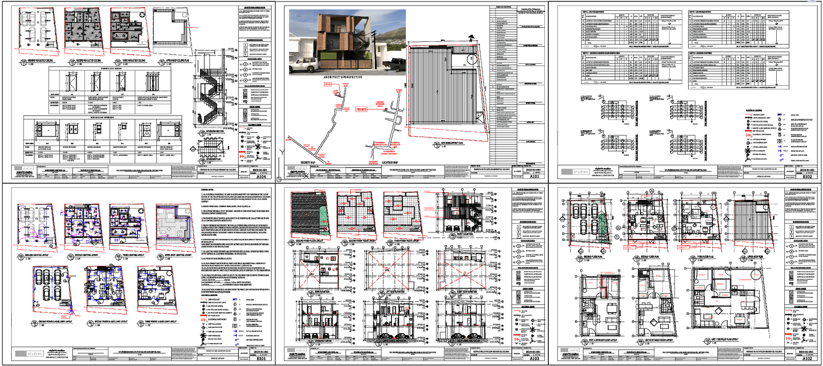 Three-Level Residential Building Plan with Sections and Elevations DWG