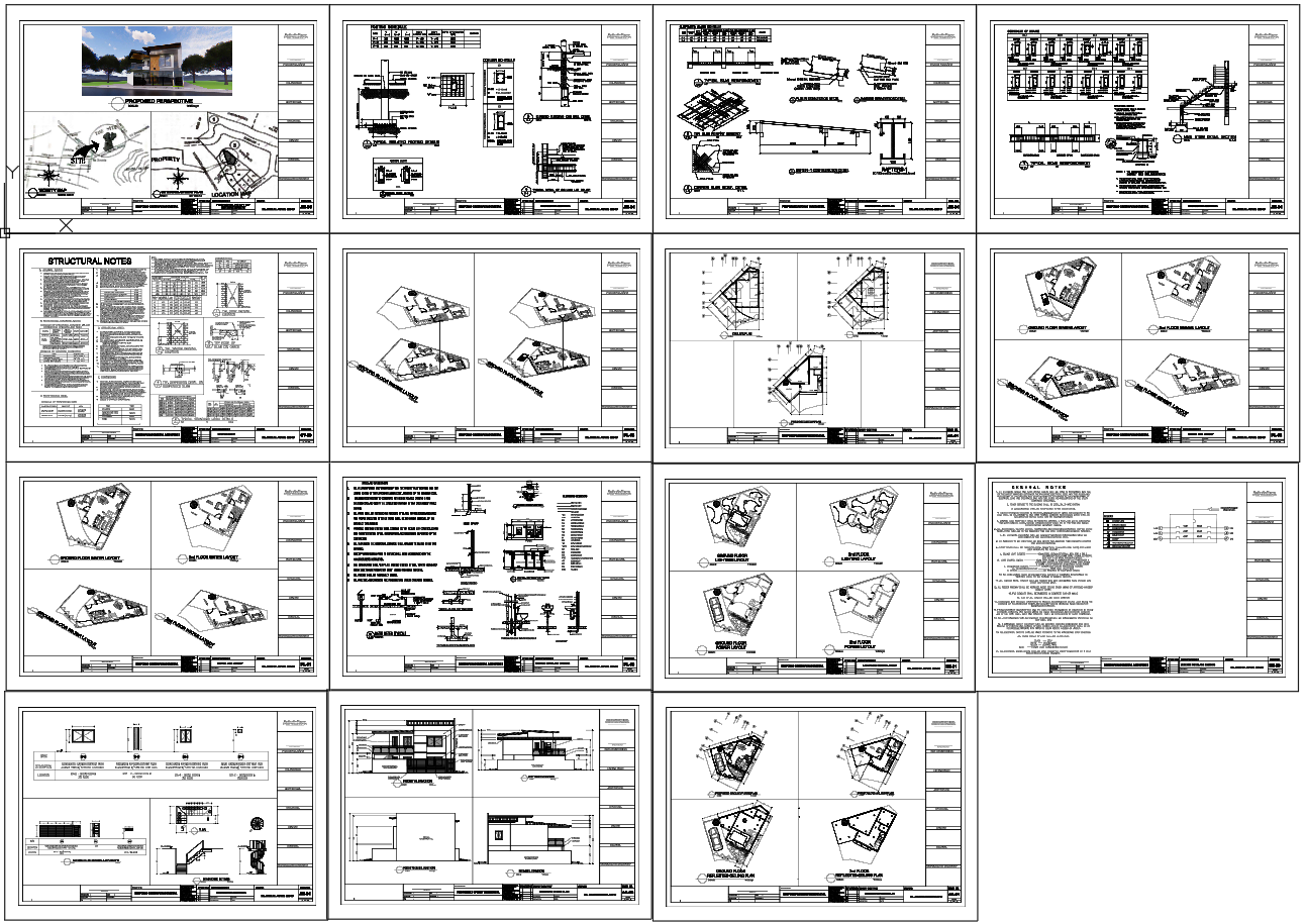 Two Storey Residential House Drawing Set With Plans, Elevation details