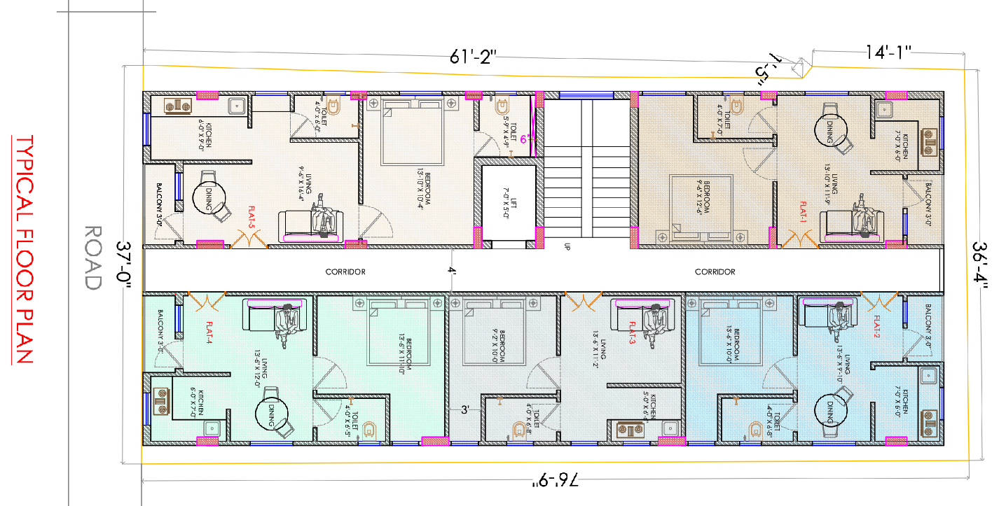 Typical Residential Floor Plan With Multiple Flats And Corridor Layout