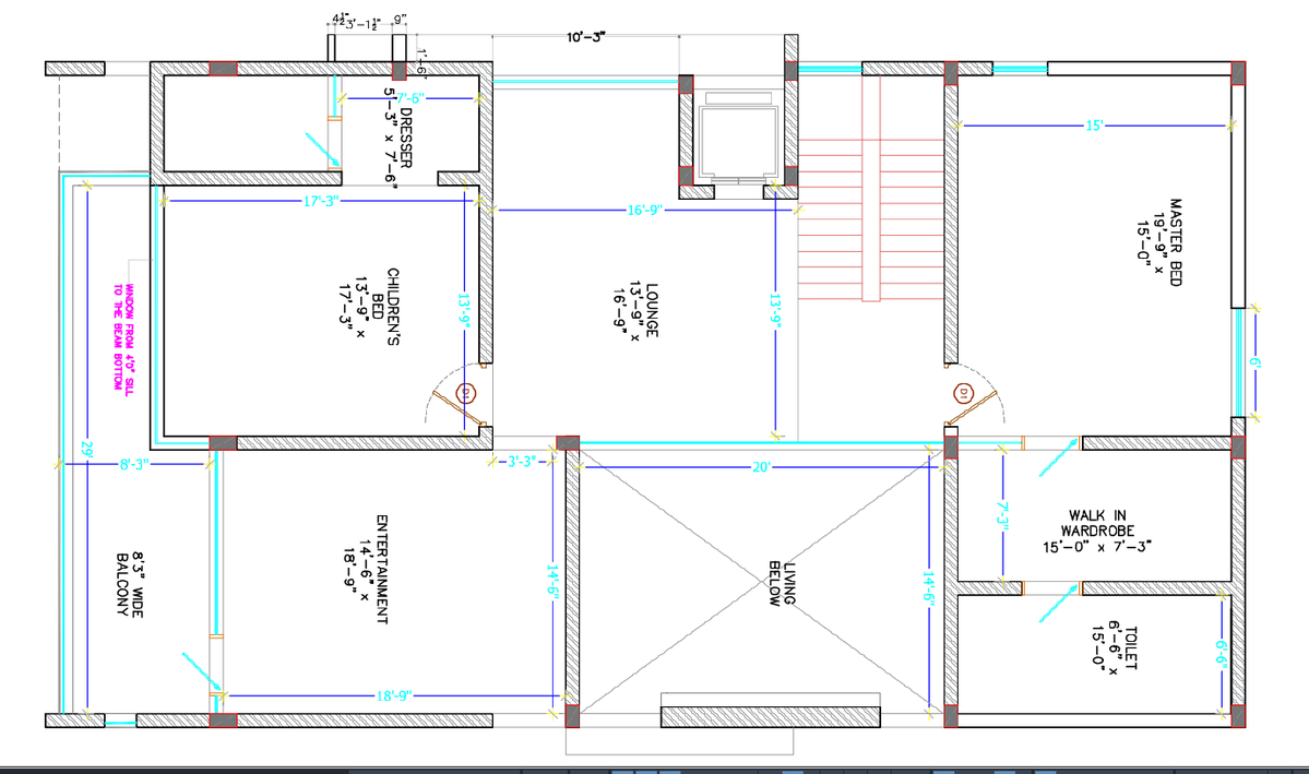 Luxury Villa Upper Floor CAD Plan with Lounge Balcony and Bedrooms