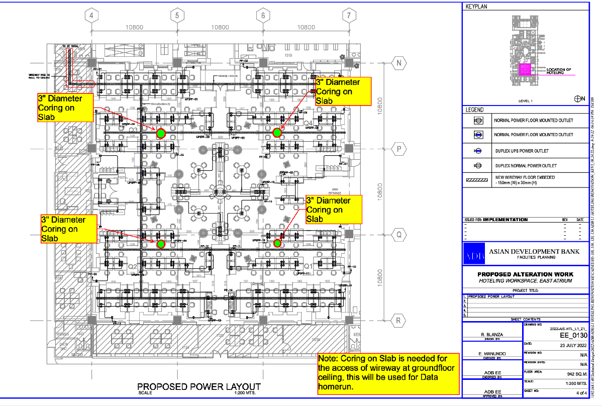 Proposed Power Layout DWG With 3 Inch Coring Slab And Dimensions