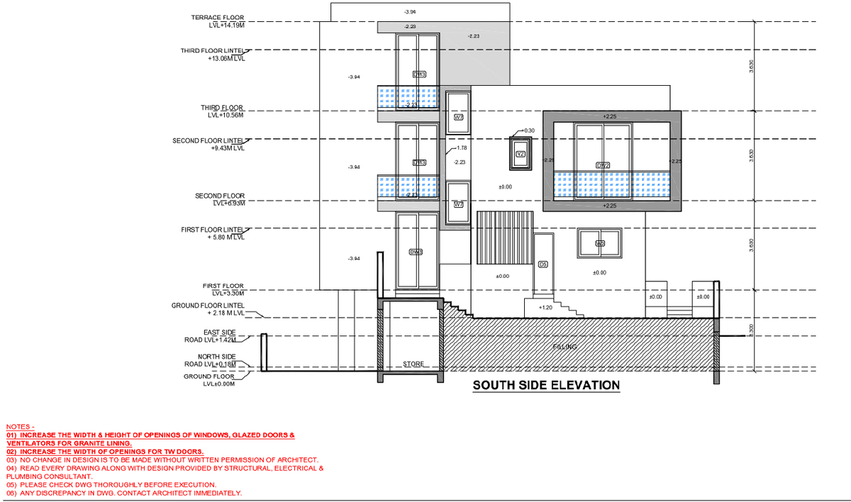 Two Storey House South Side Elevation AutoCAD DWG with Levels