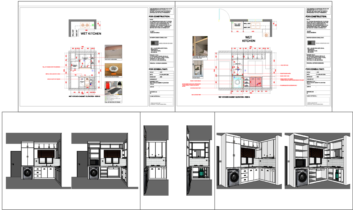 Wet Kitchen Detail with all side Elevation 2400mm 600mm Details