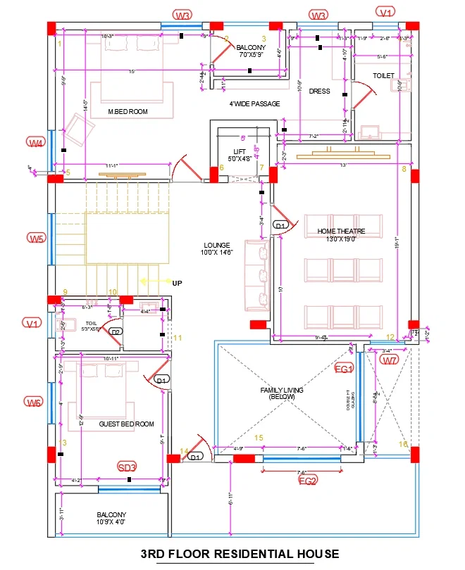 3rd Floor House Layout Plan 6000 Grid Residential Drawing DWG Files