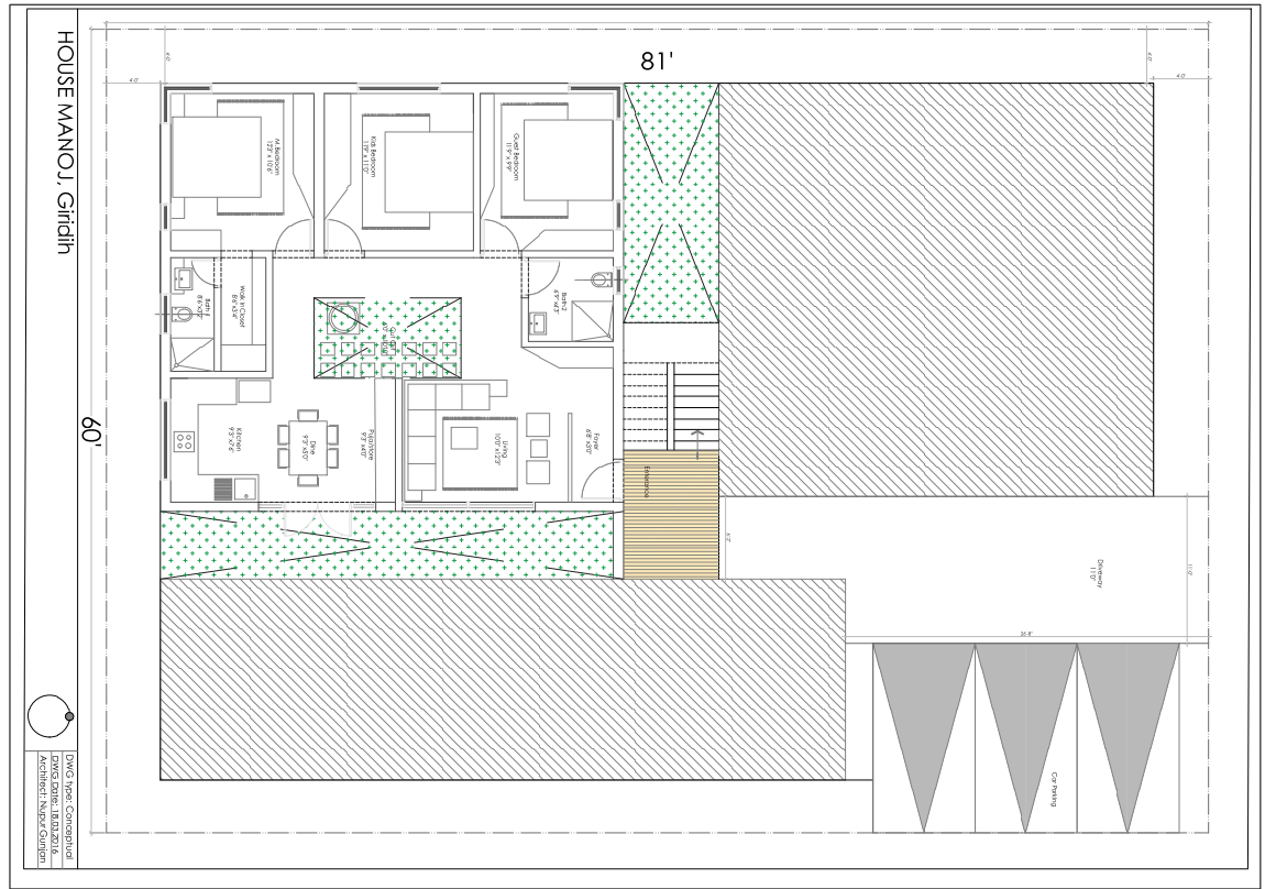 60x81 Feet Residential House Plan Layout With Three Bedroom Design