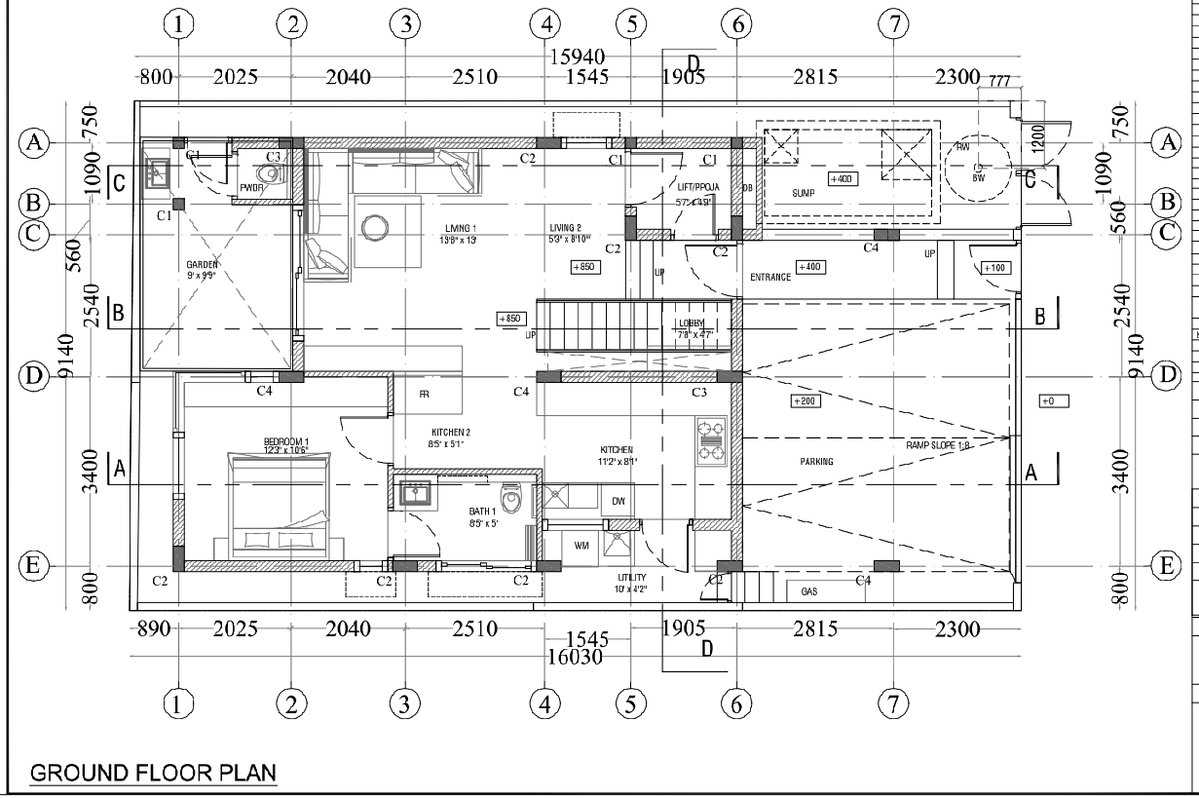 Bungalow Ground Floor Plan DWG 16030x9140 Layout Parking Ramp