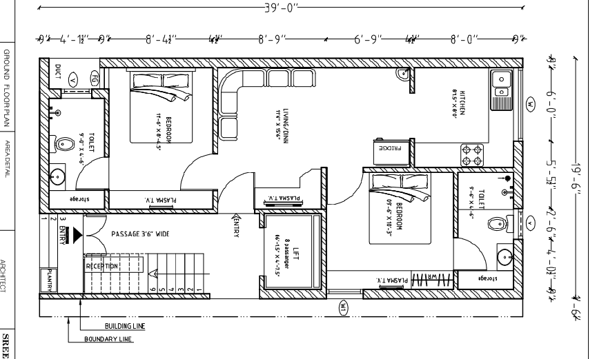 Ground Floor House Plan 39x19 Feet Layout With Two Bedroom Design
