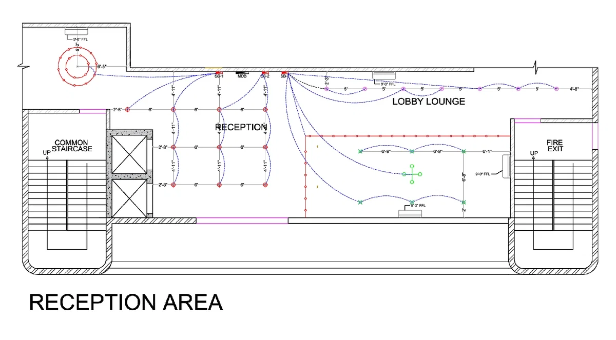 Reception Area Electrical Layout 9ft FFL 6ft Spacing DWG Plan