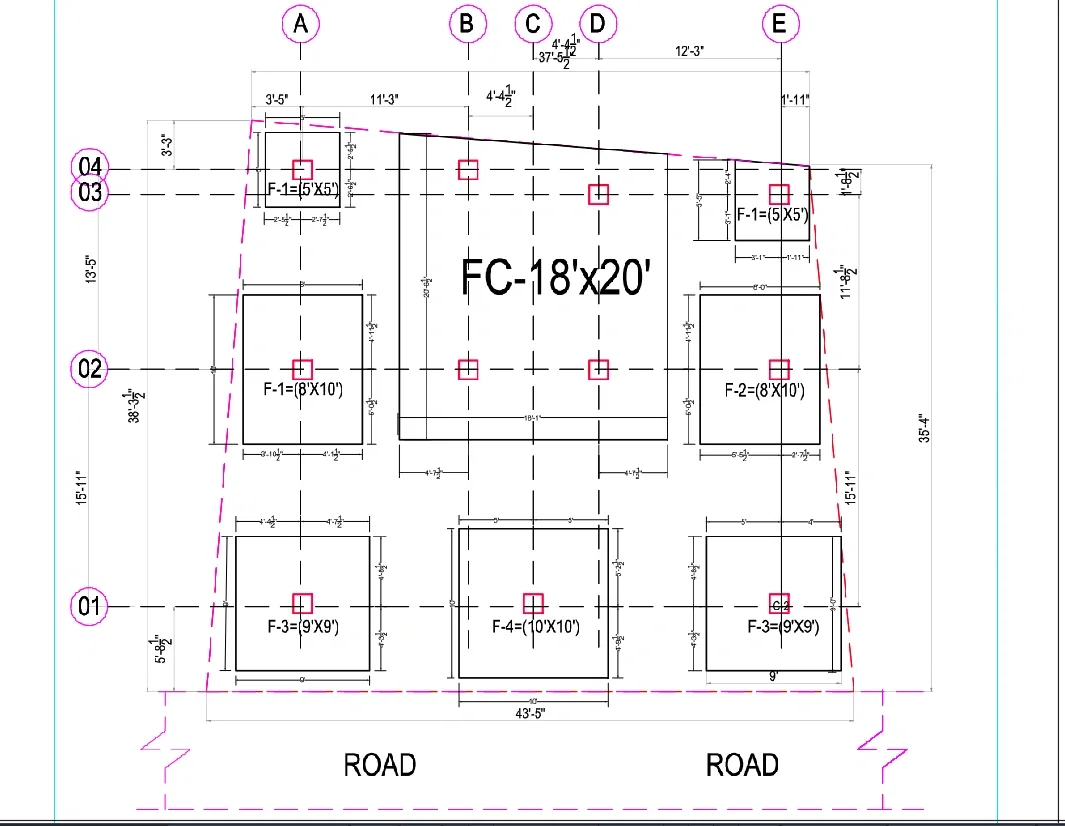 Residential Footing Layout Plan 18x20 FC 43ft5in Road DWG File