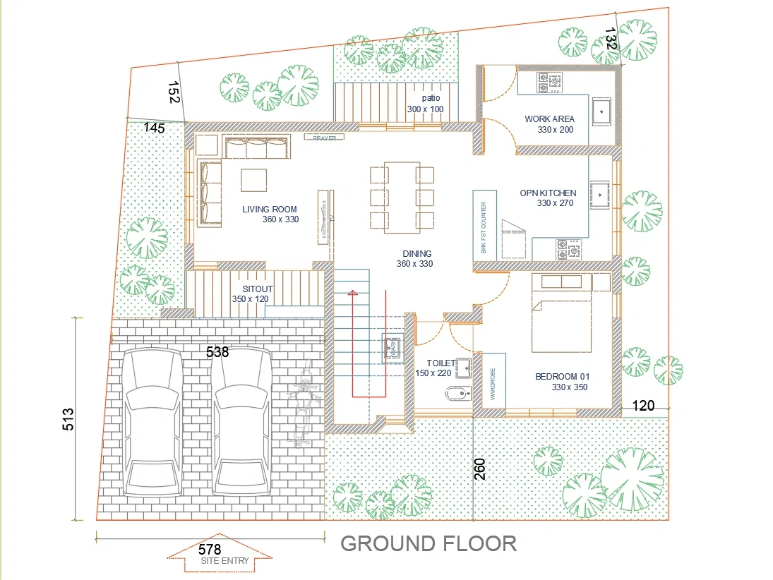 Residential luxurious Bungalow Ground Floor 578cm Entry Layout DWG