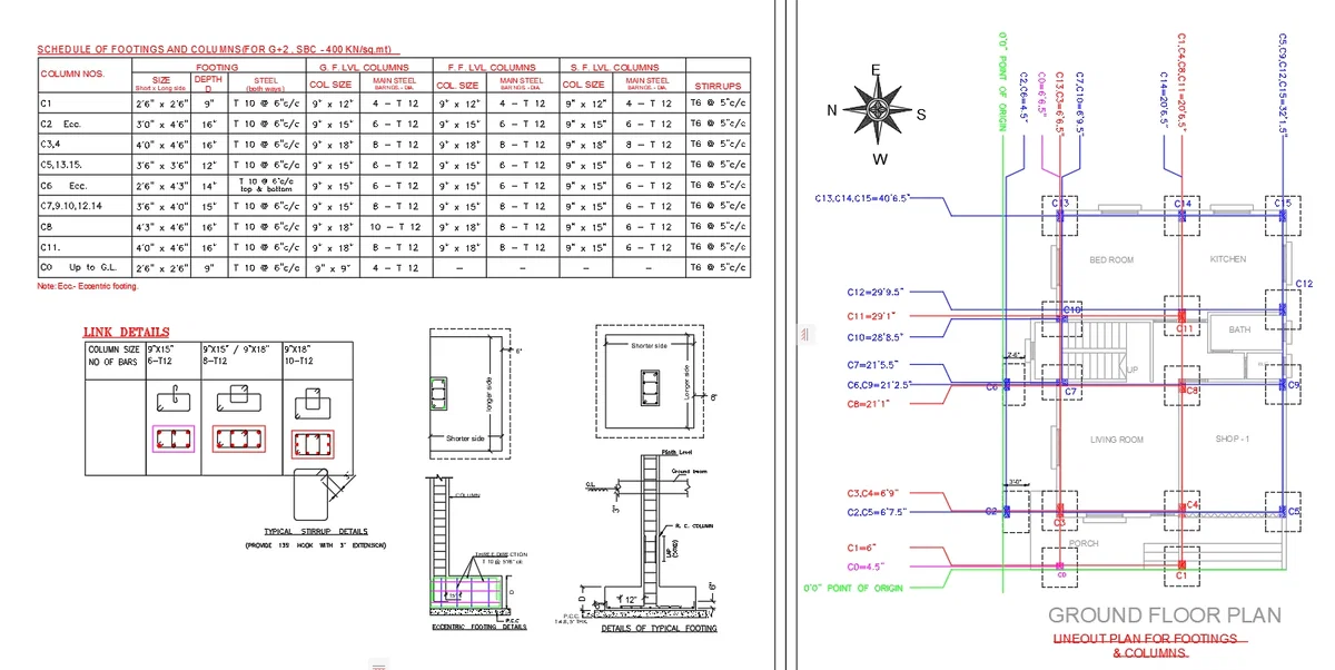 Lineout Plan Footings and Columns DWG G2 SBC 400 KN Structural Layout