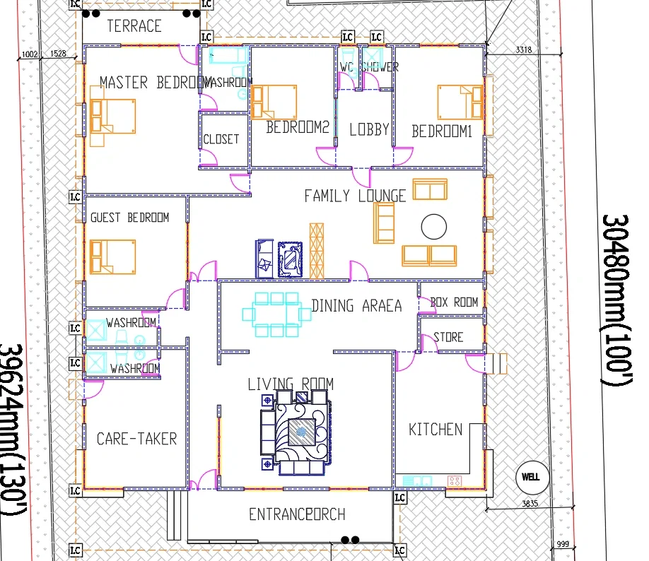 Modern House Layout Plan 30480x39624mm Residence Floor DWG Plan