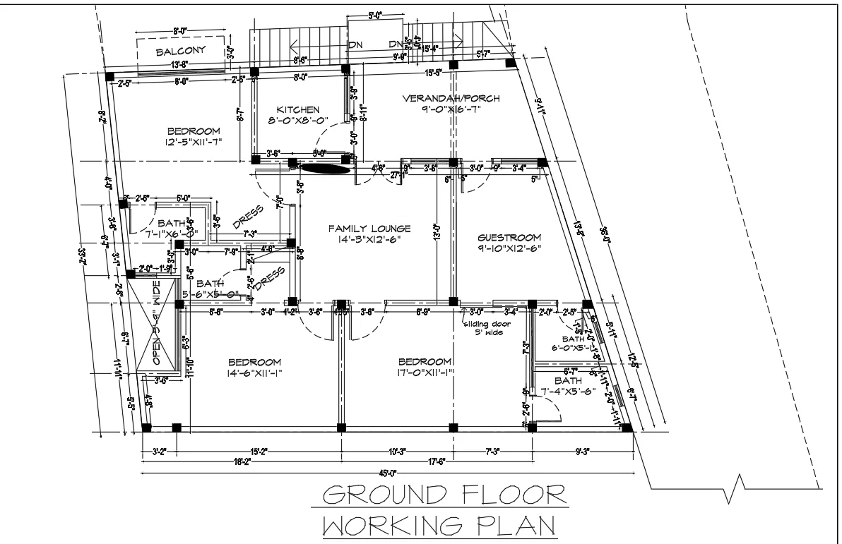 Residential Ground Floor Plan 45ft0in Layout 3 Bedroom DWG File