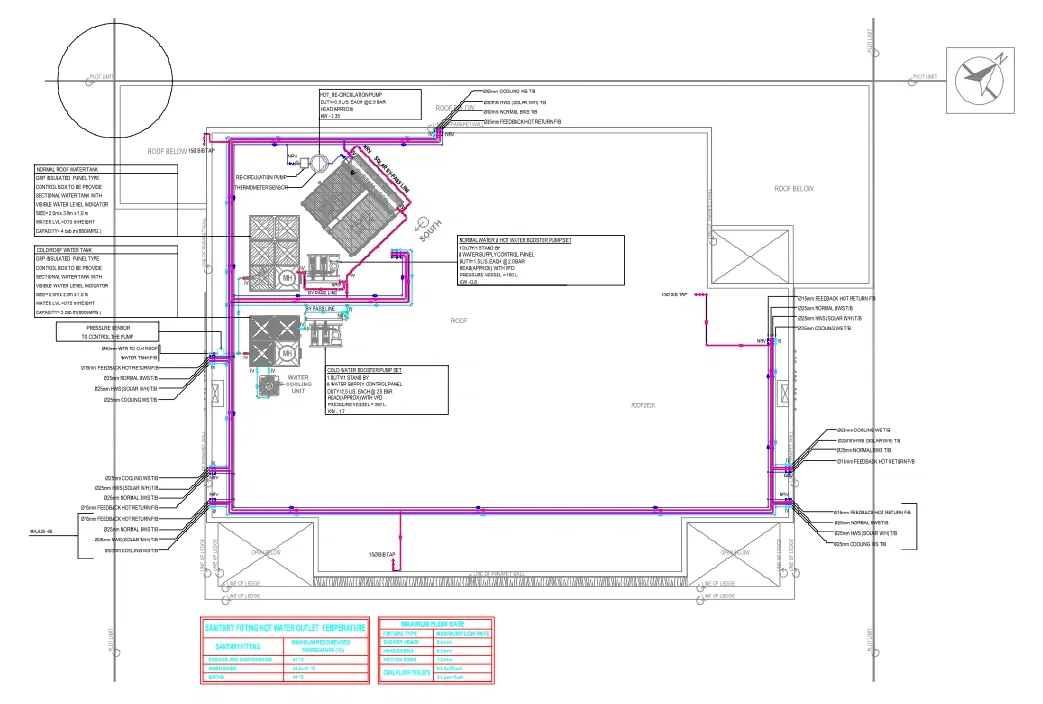 Roof Floor Plan Water Supply Layout DWG With Tank Pipe Sizes