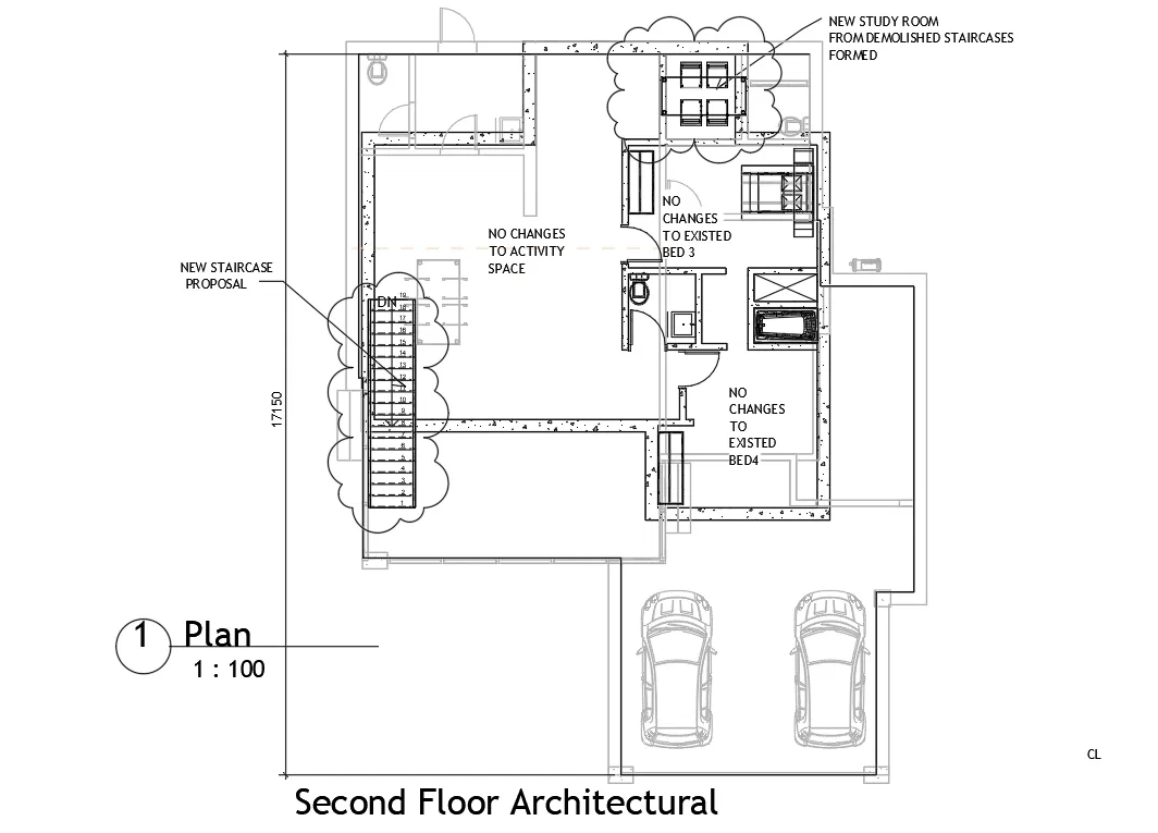 Second Floor Architectural Plan DWG Staircase Study Room Layout