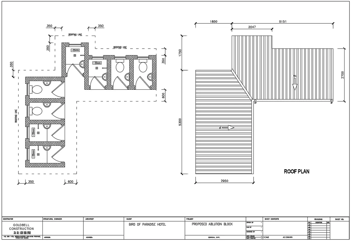 Public Toilet Block Plan And Roof Layout DWG Drawing 5151x5300 mm